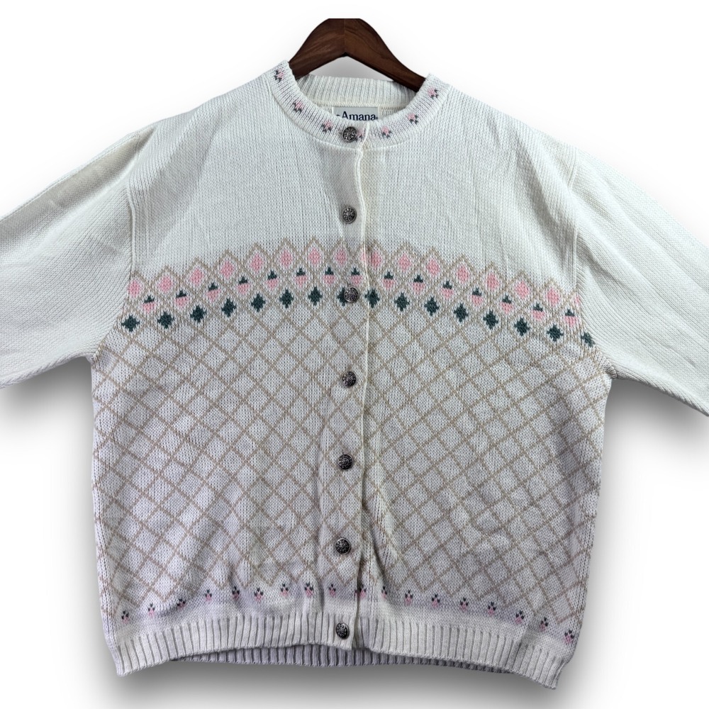 Vintage AMANA Woolen Mills Button Up Sweater USA  Size 46 White Geometric